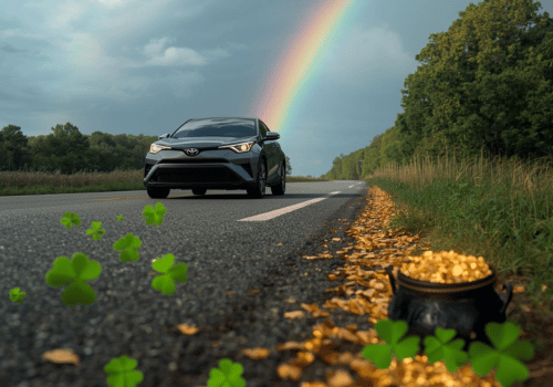 Toyota sedan driving on a country road with a rainbow, shamrocks, and a pot of gold by the roadside.
