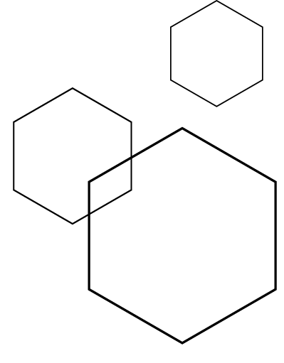 A black and white drawing of three hexagons on a white background.
