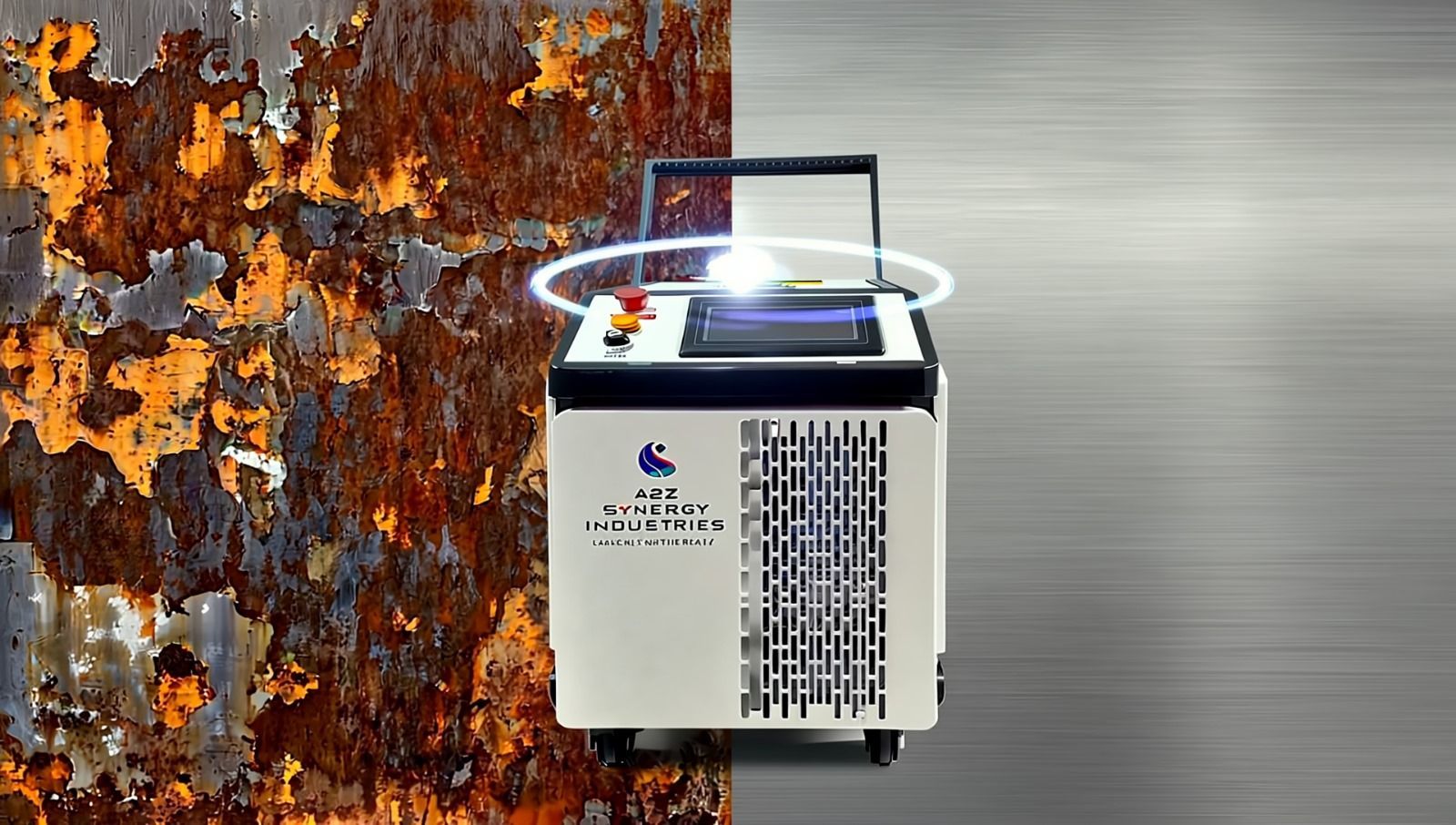 Machine laser industrielle blanche avec écran tactile et poignée, sur fond vert.