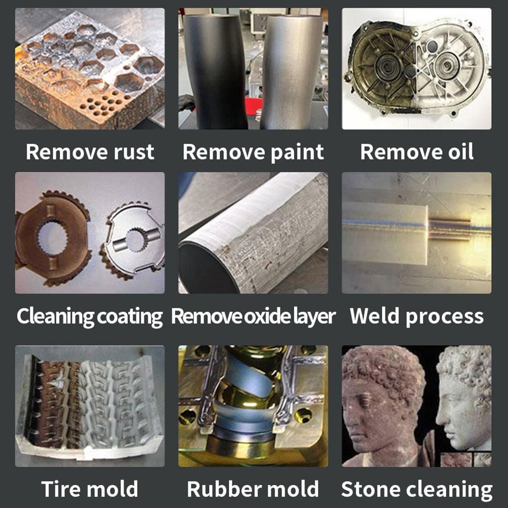 Exemples de nettoyage et d’élimination sur le métal, le caoutchouc et la pierre : rouille, peinture, huile, revêtement, couche d’oxyde, soudure, moule de pneu, moule en caoutchouc et pierre.
