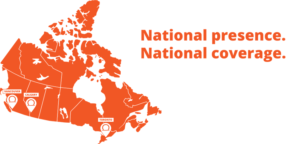 A map of canada with the words national presence national coverage