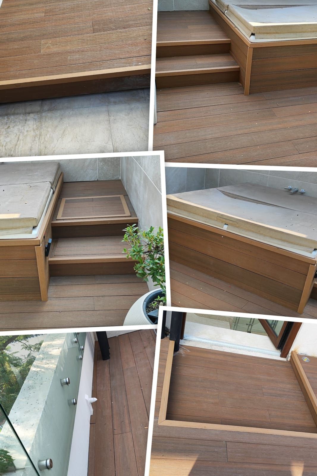 Compuesto de un deck de madera con escalones incorporados y una barandilla de cristal, mostrando detalles de diseño y construcción.