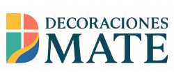 Logotipo con gráfico de ventana colorido y texto "DECORACIONES MATE".
