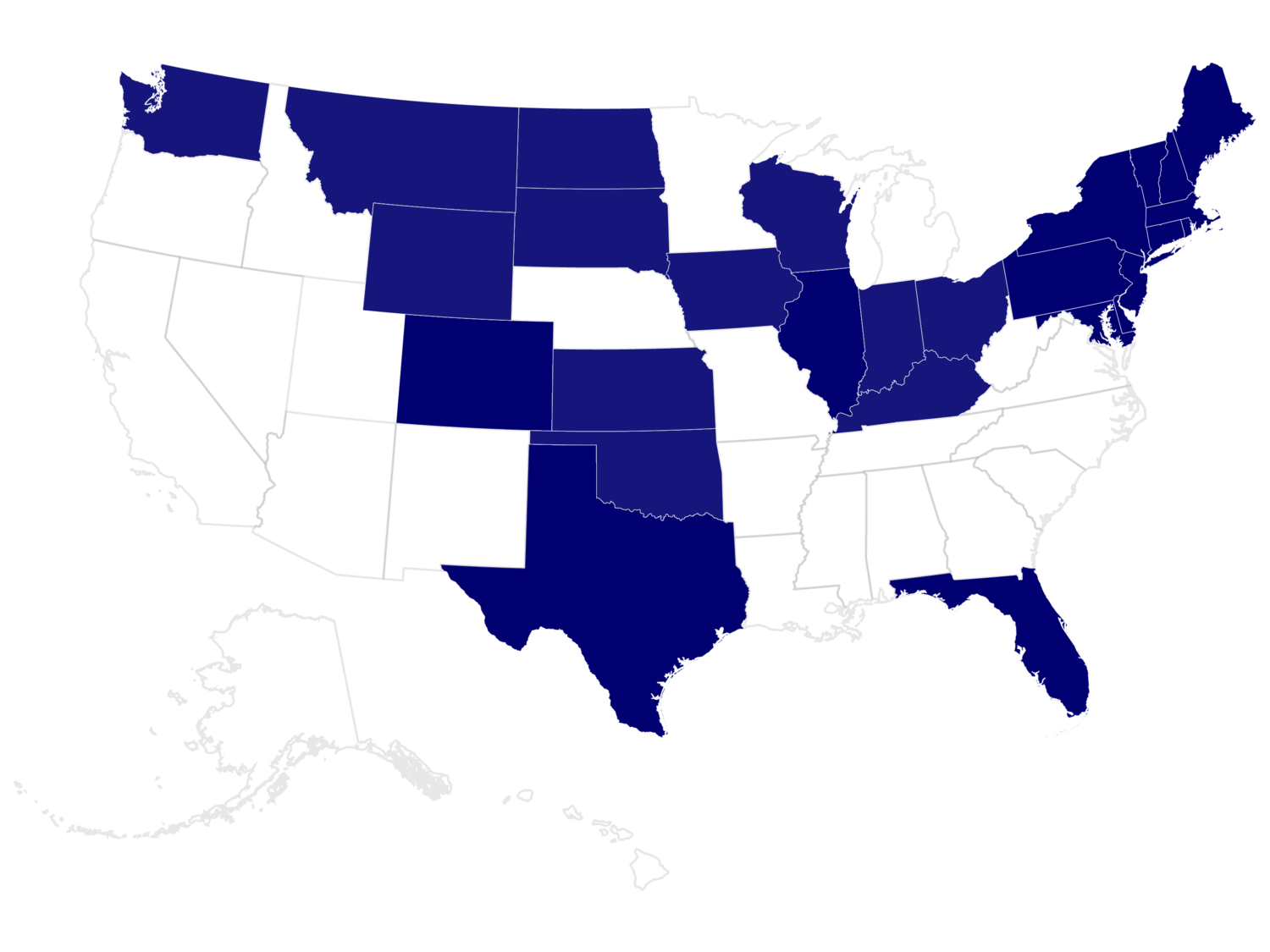 A blue and white map of the united states