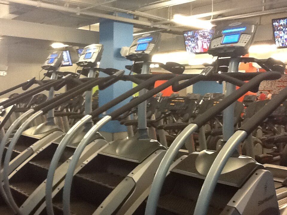 A row of treadmills are lined up in a gym