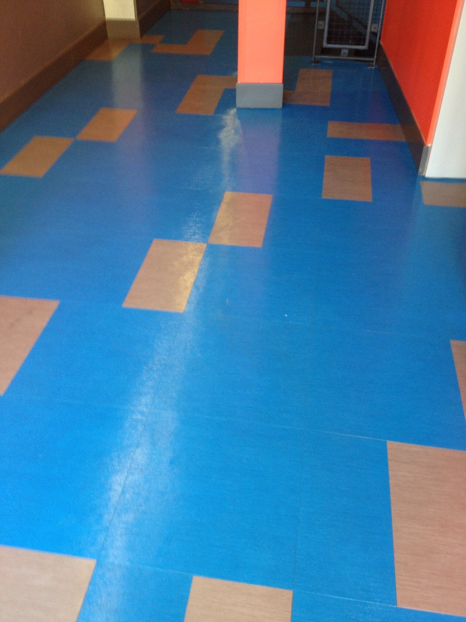 A blue and brown floor with squares on it