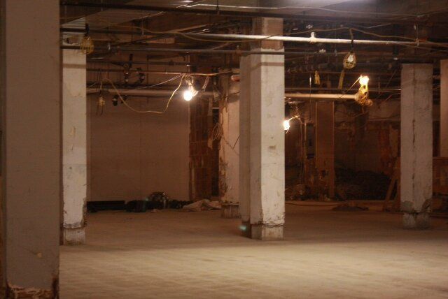 An empty basement with columns and lights on the ceiling