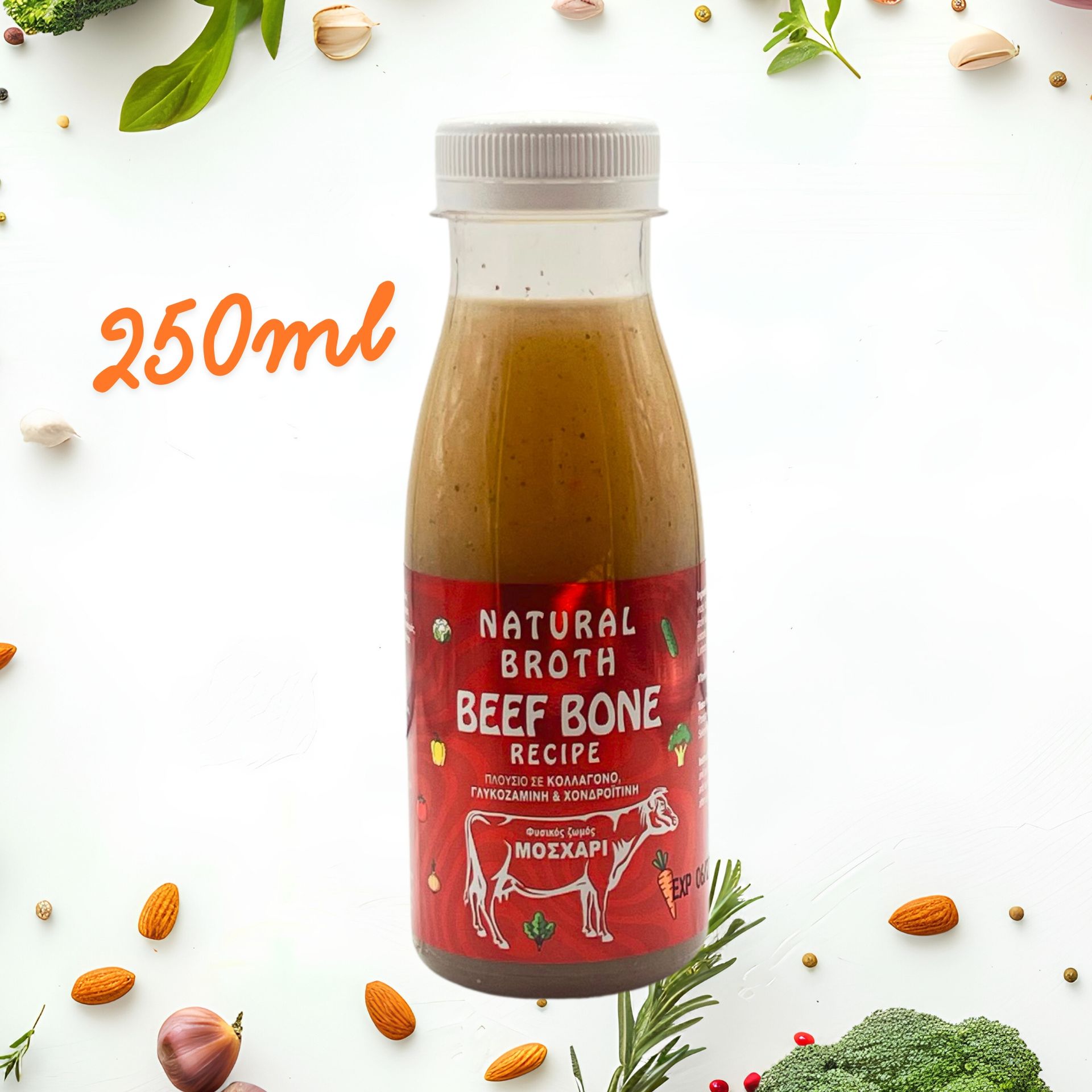 Μπουκάλι ζωμού βοδινού από κόκαλα, κόκκινη ετικέτα, μέγεθος 250 ml, περιτριγυρισμένο από τρόφιμα.