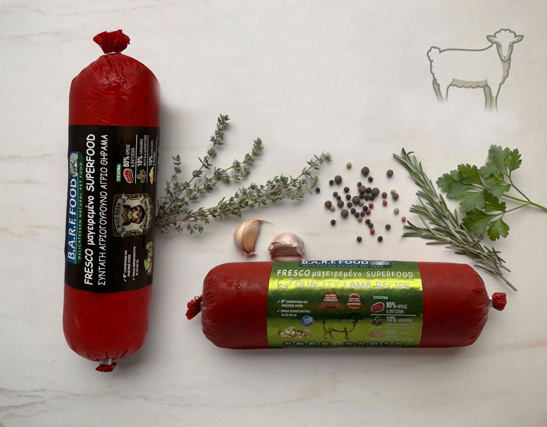 BARFFOOD FRESCO μαγειρεμένη πλήρης τροφή σε μορφή σαλάμι – Γαλοπούλα-Κοτόπουλο, Αρνί & Αγριογούρουνο (B2B χονδρική)