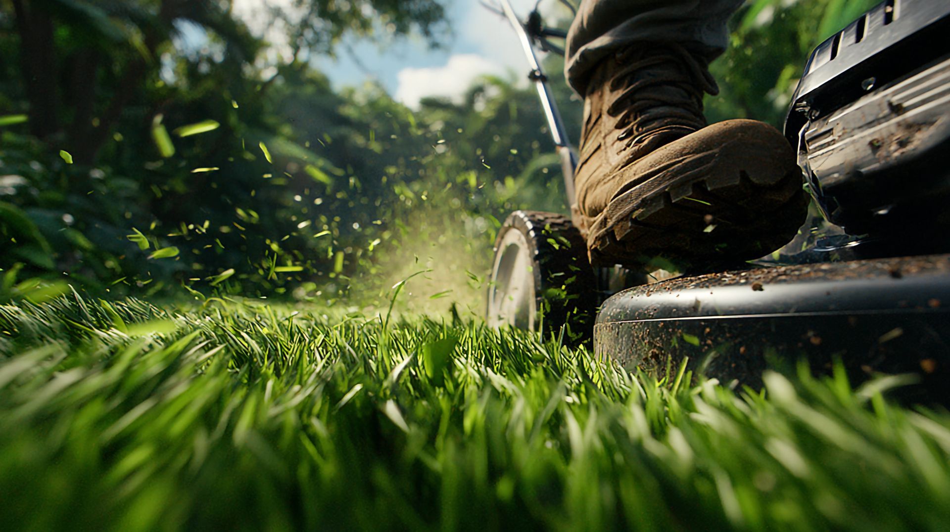 Tondeuse à gazon coupant de hautes herbes vertes, gros plan sur une botte marron sur la machine dans un environnement verdoyant et luxuriant.
