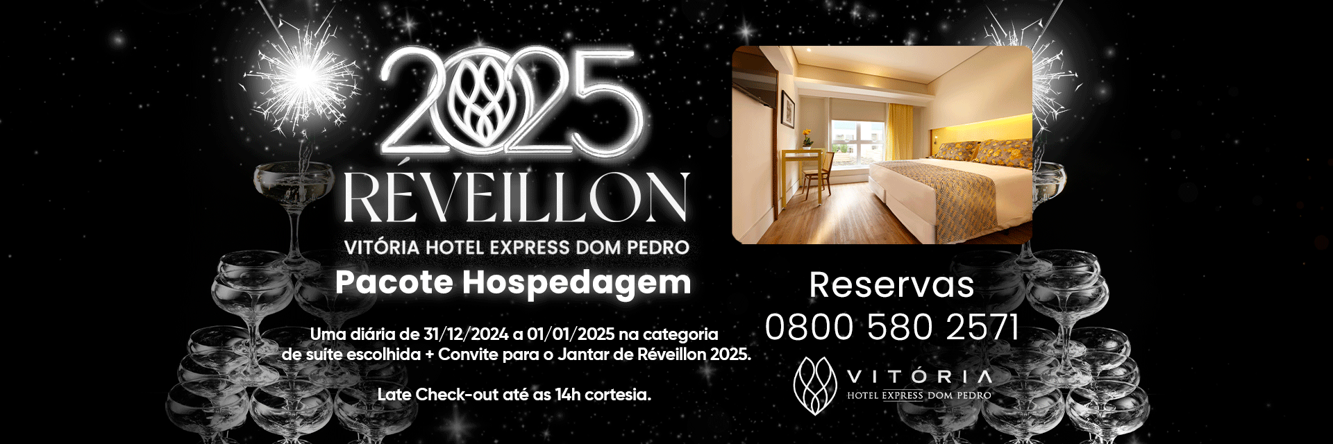 Um pôster para o réveillon de 2025 com a foto de um quarto de hotel