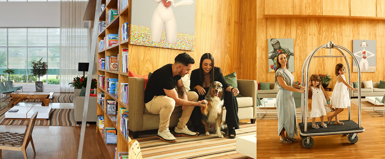 Cenas do saguão de um hotel: casal com cachorro, mulher com crianças em um carrinho de bagagem e uma estante de livros com área de estar.