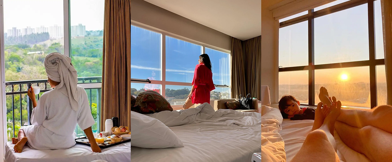 Tríptico: Pessoas junto às janelas apreciando a vista. Mulher de roupão, mulher de robe vermelho, pés de casal ao pôr do sol.