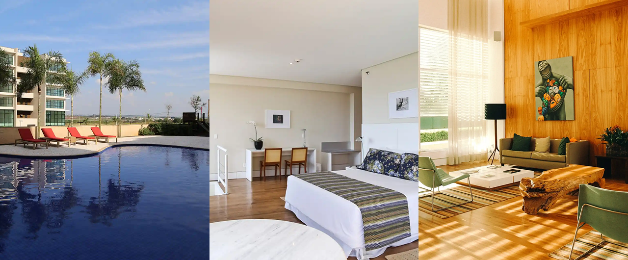 Tríptico de piscina, quarto e sala de estar, que retrata um hotel de luxo com atmosfera de resort.