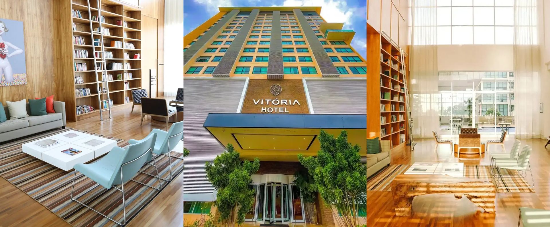 A fachada de um hotel, uma mulher com um longo vestido branco e um interior moderno com assentos e estantes de livros.