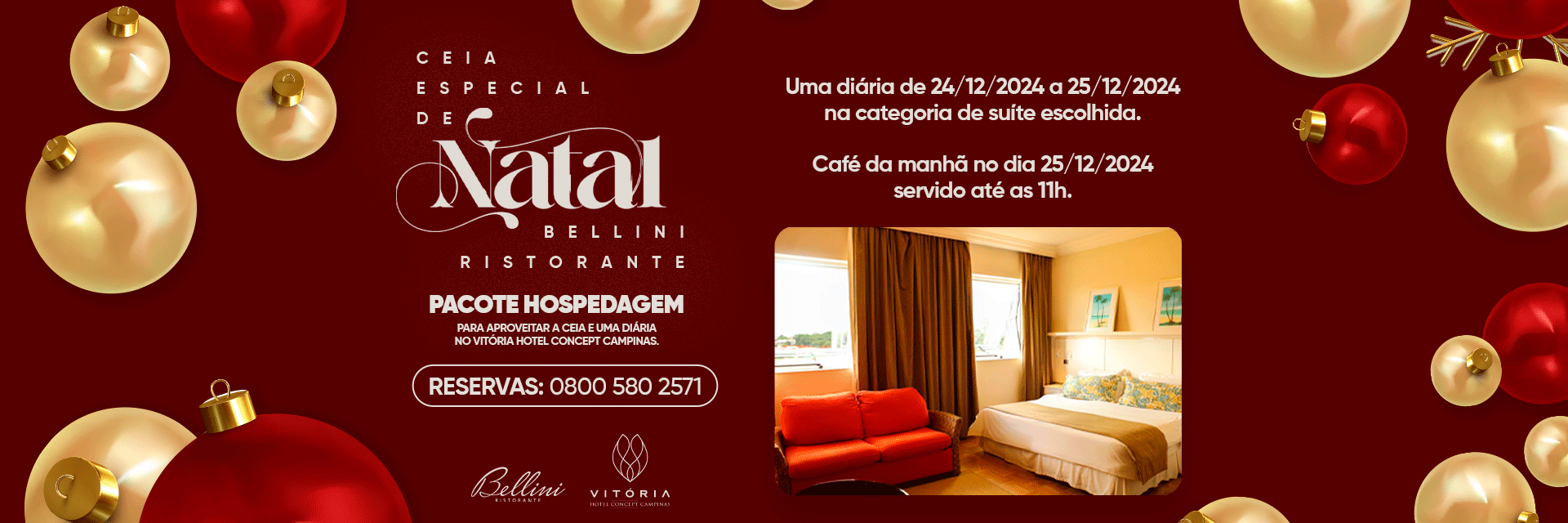 Um fundo vermelho com bolas de natal e uma imagem de um quarto de hotel.