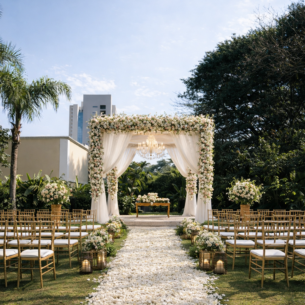 Área de estar no pátio com deck de madeira, mesa, tapete e folhagem verde ao fundo.