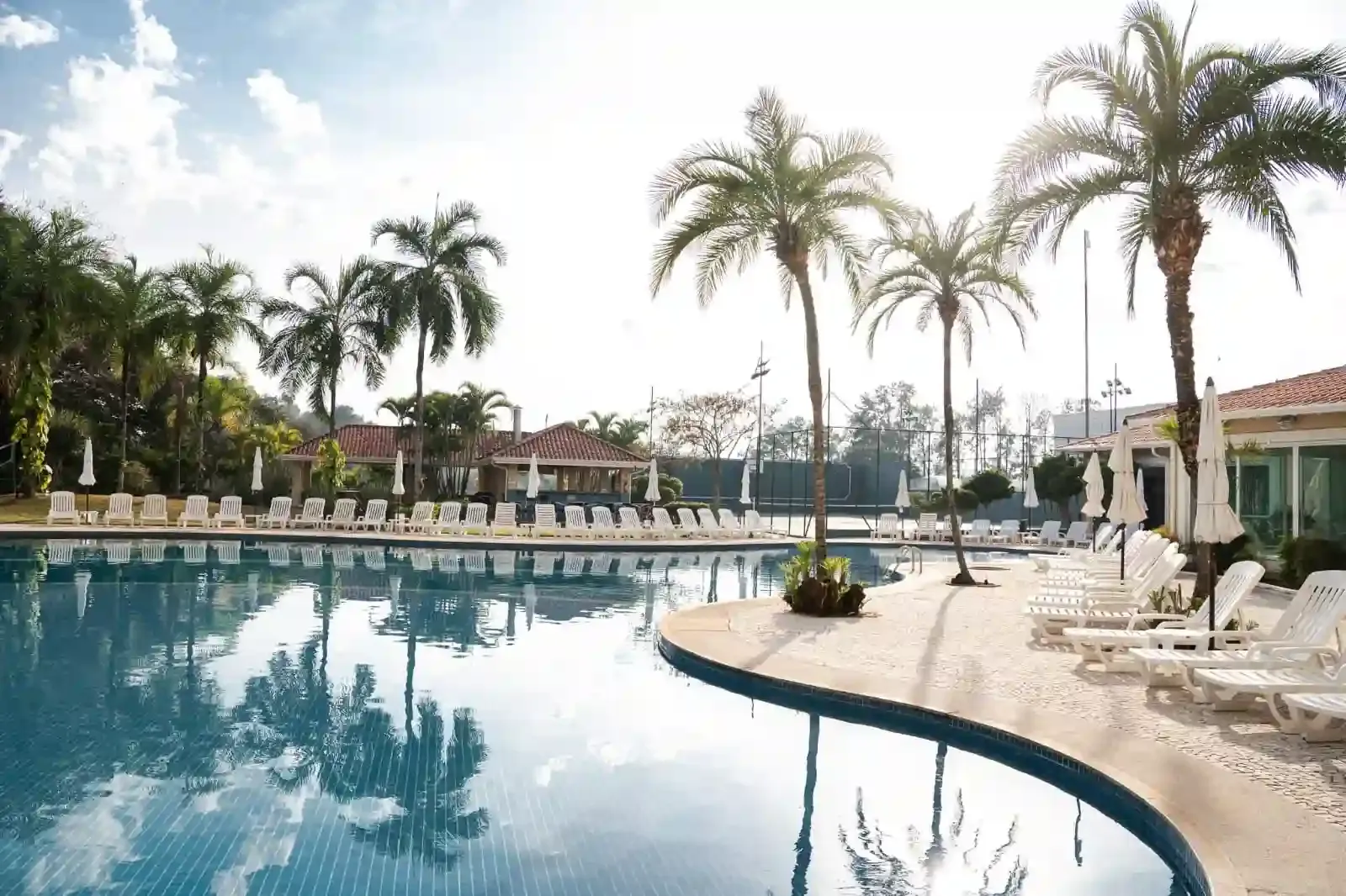 Piscina com palmeiras, espreguiçadeiras e um prédio em um dia ensolarado.