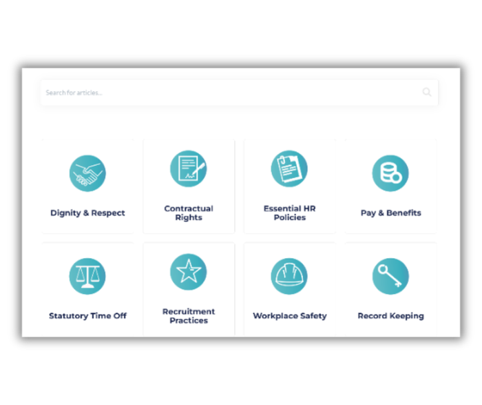 Dashboard with HR topics including dignity, pay, and workplace safety.