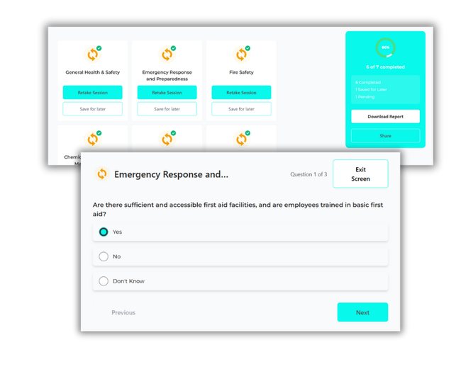 Webpage with safety training modules and a pop-up quiz about emergency response, with multiple-choice questions.