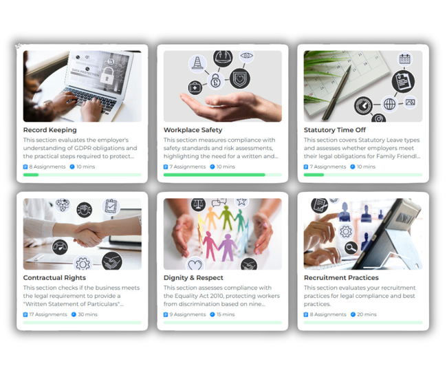 Six rectangular cards with text and related icons, covering topics like record keeping, and workplace safety