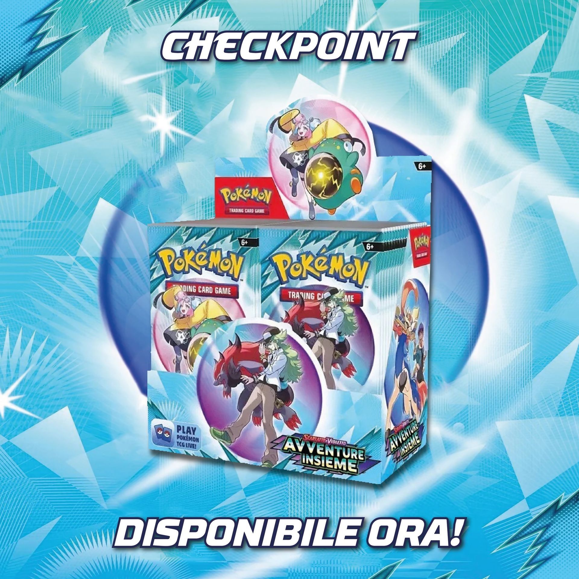 Una scatola di carte Pokémon checkpoint con uno sfondo blu