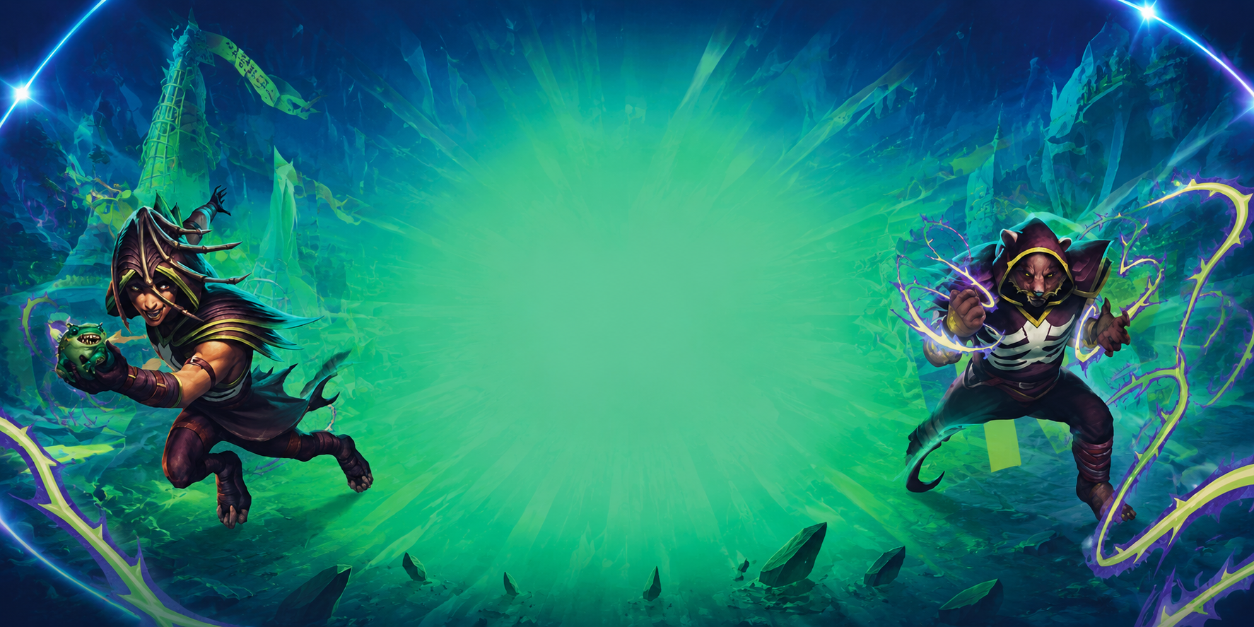 Due guerrieri fantasy in armatura si affrontano tra una brillante esplosione magica verde e fulmini blu