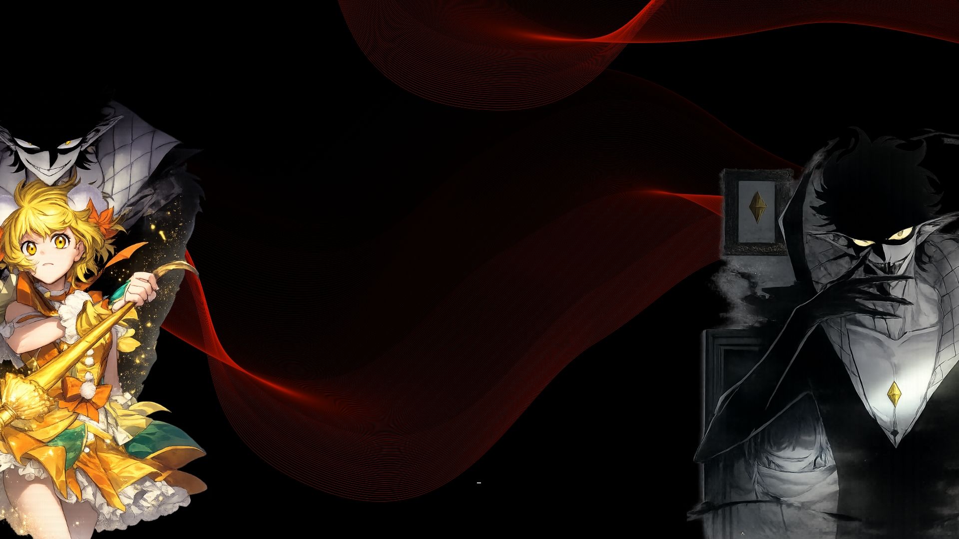 Sulla sinistra si vede una ragazza in stile anime con una tromba dorata, in equilibrio con una figura scura in controluce sulla destra, su sfondo nero.