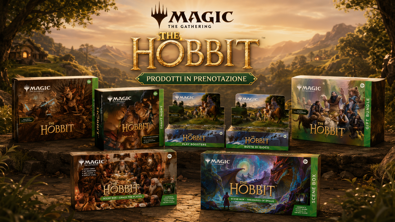 Magic: The Hobbit game boxes displayed in a forest scene, with multiple expansion and set titles.