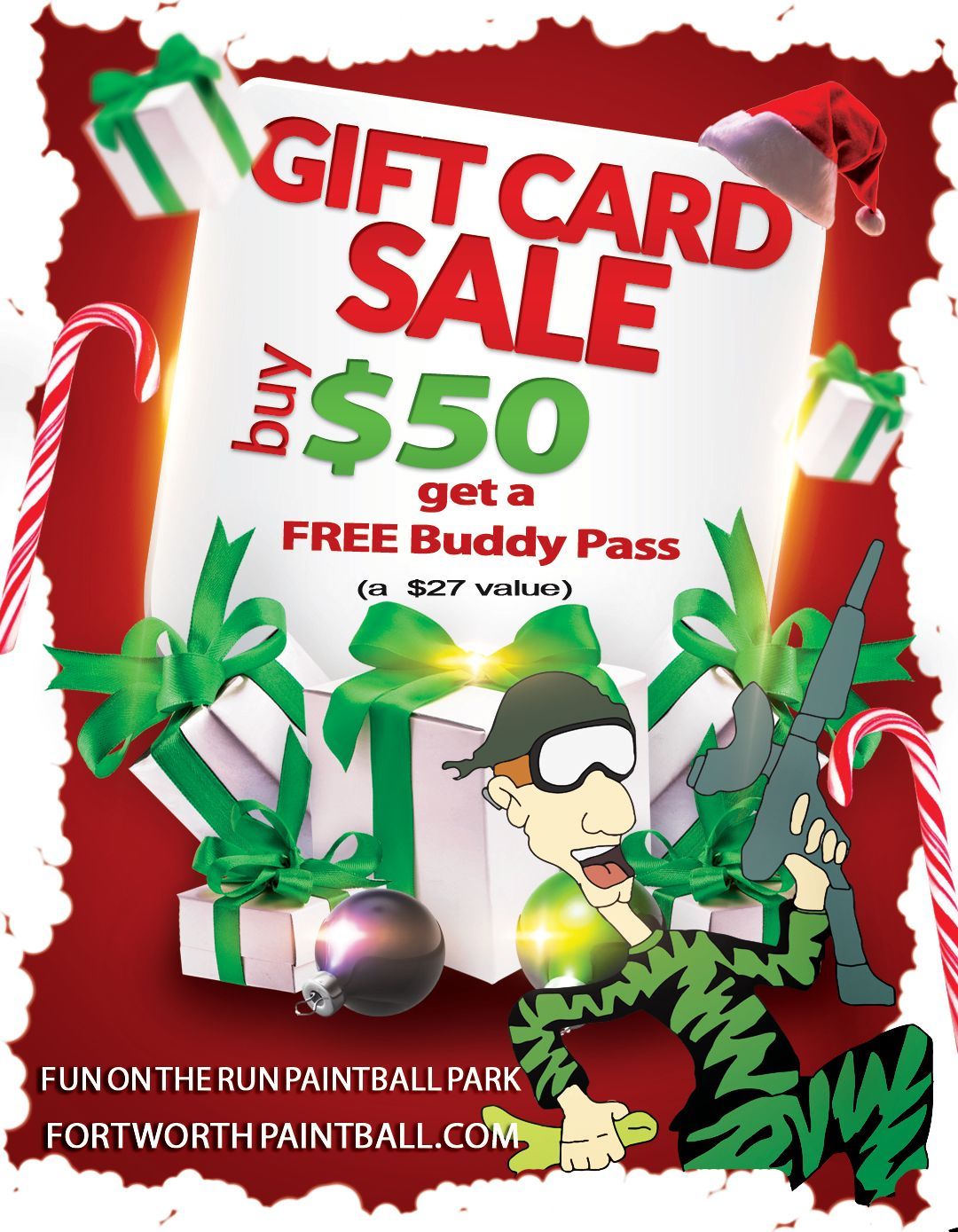 Black Friday Paintball Gift Card Sale at Fun On The Run Paintball Park in Fort Worth – Buy gift cards and save for the ultimate paintball experience this holiday season.