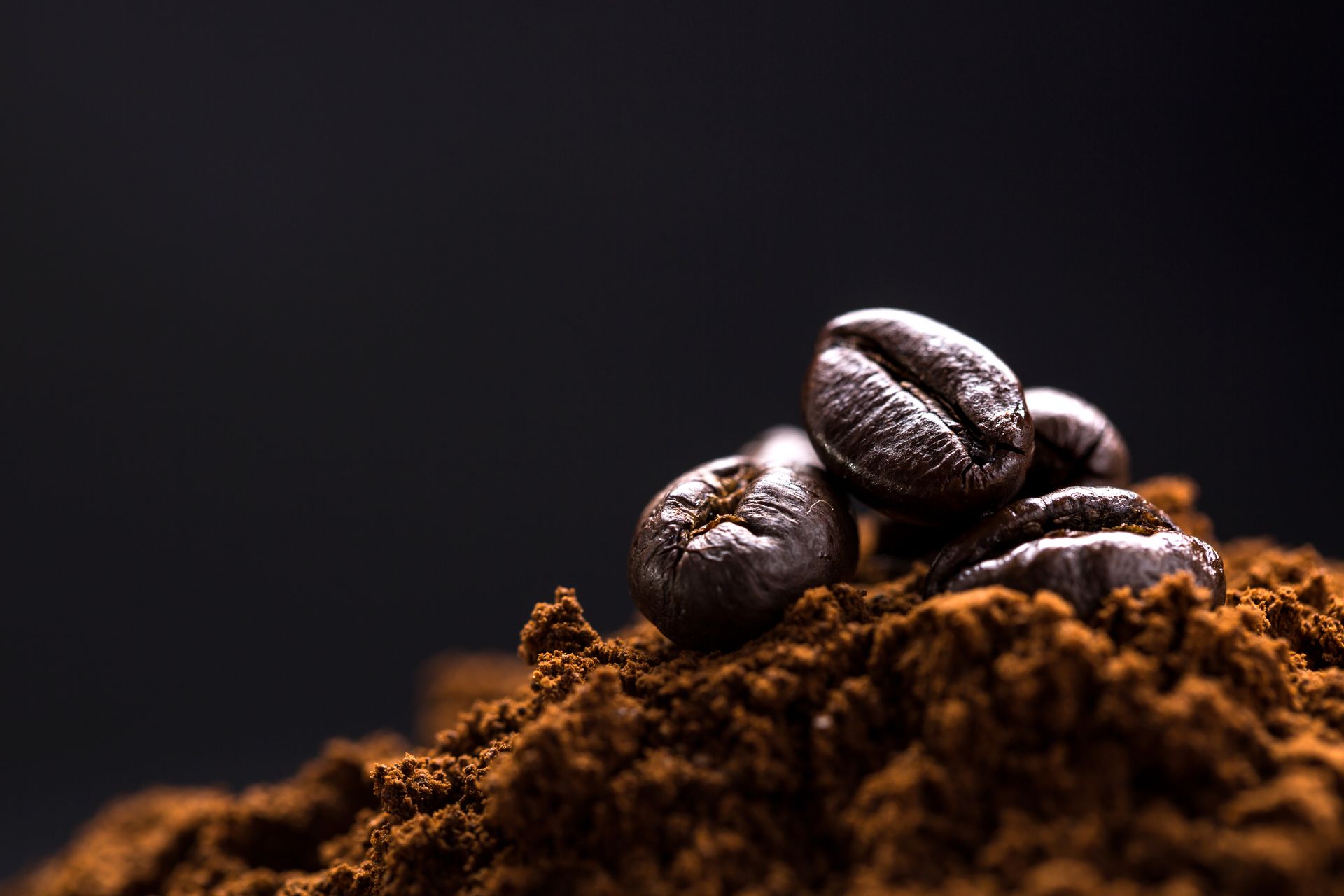 Coffee beans on a pile of ground coffee, against a dark background.