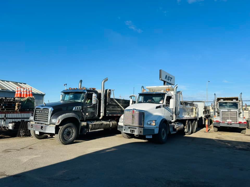 A row of trucks are parked in a parking lot.