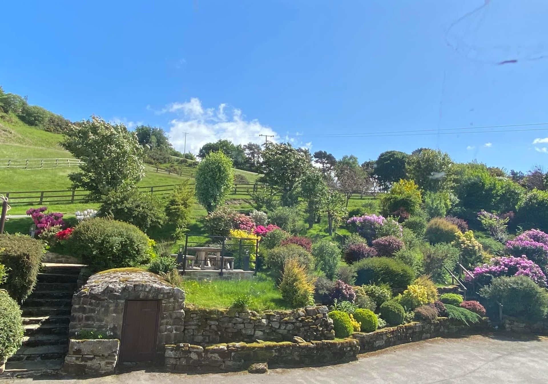 Scenic hillside garden with vibrant flowers and stone steps under a bright blue sky.