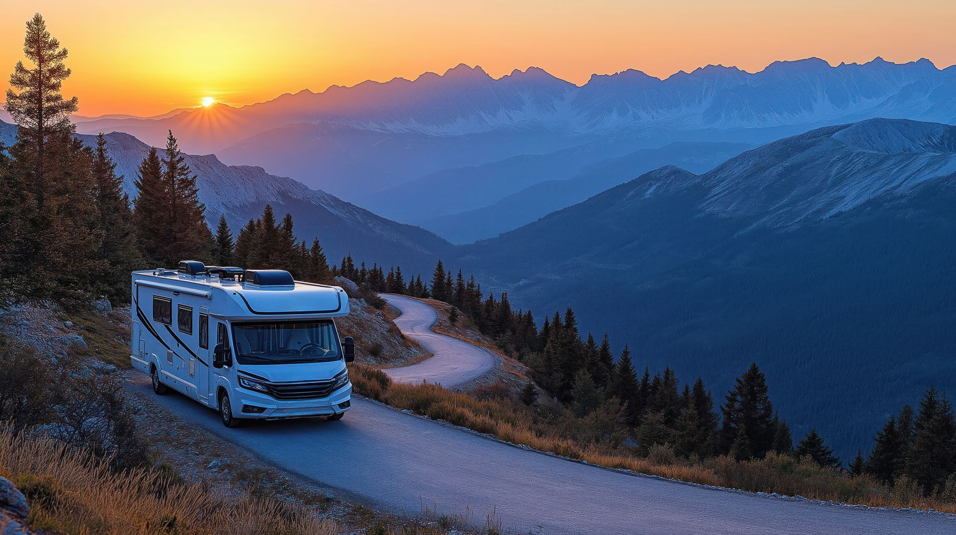 RV driving on a winding mountain road at sunset with layered blue mountains in the background.