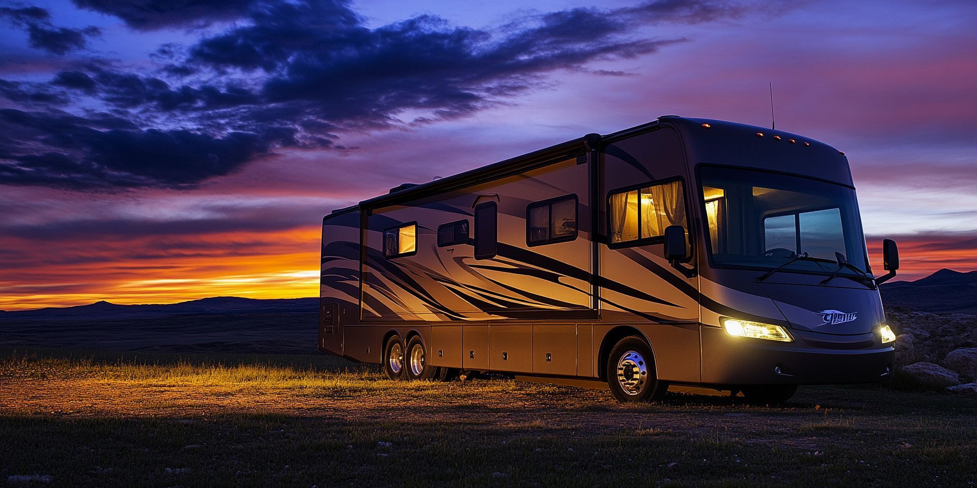 RV parked on a grassy field at dusk, illuminated by warm light. Blue and orange sky.