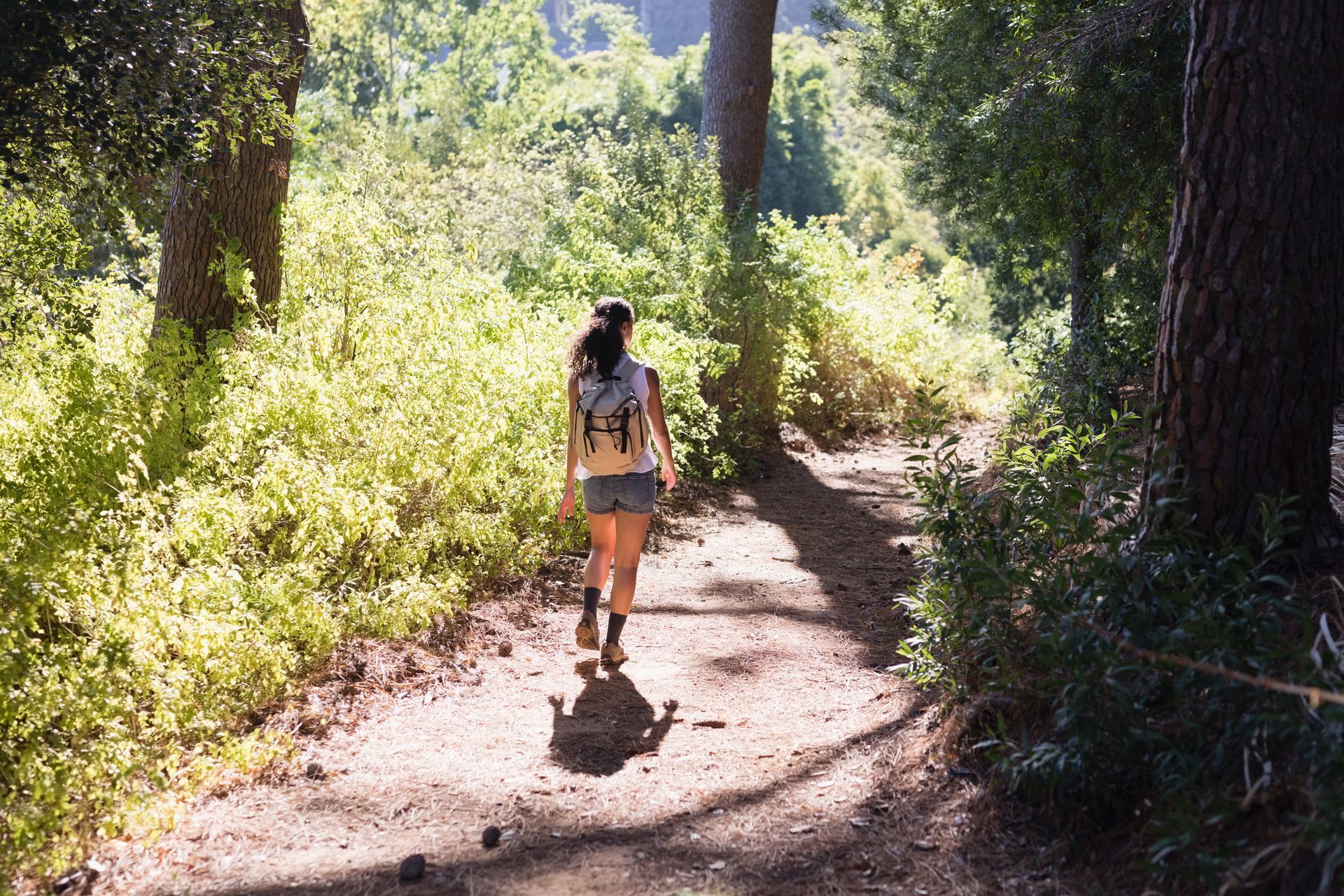 Woman hikes on a sunlit forest trail, wearing shorts and a backpack.