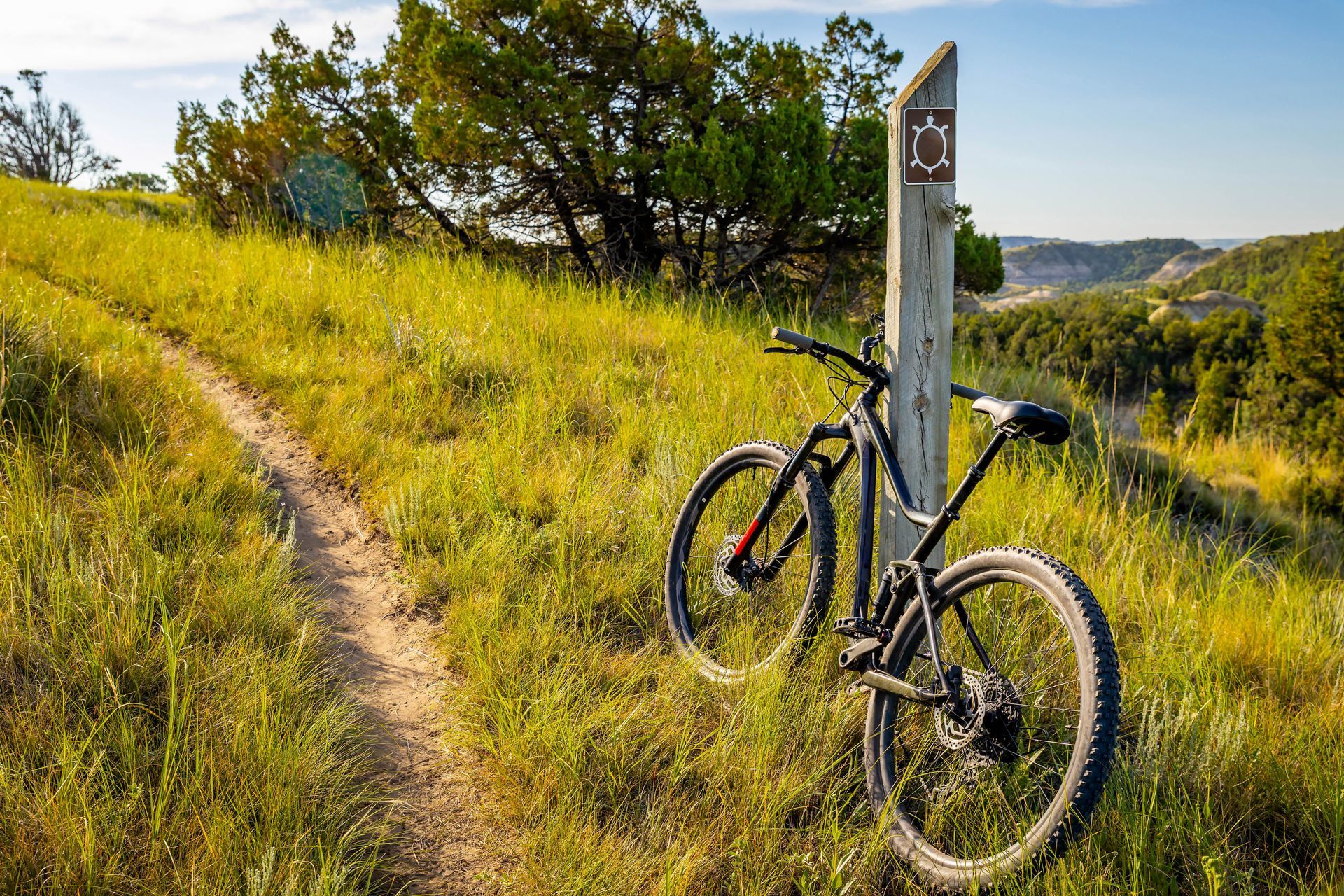 Mountain bike leaning on a wooden trail marker, next to a path winding through a grassy hillside.