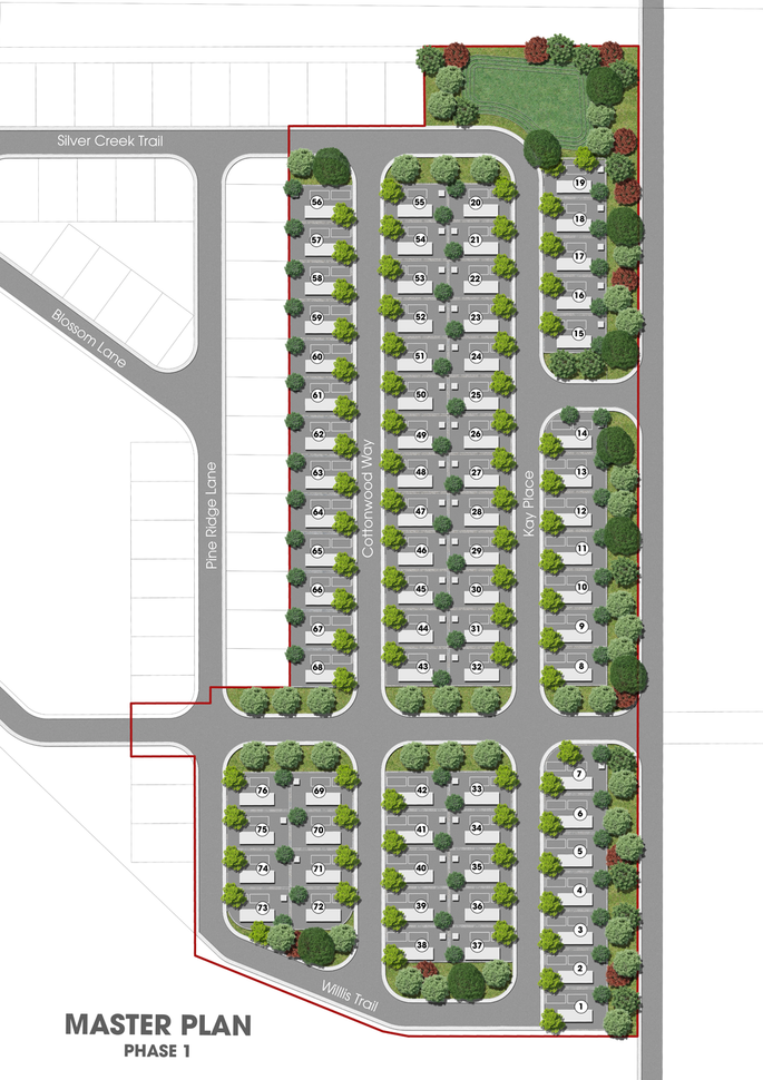 Master plan of a residential area with rows of houses, roads, trees, and green spaces.