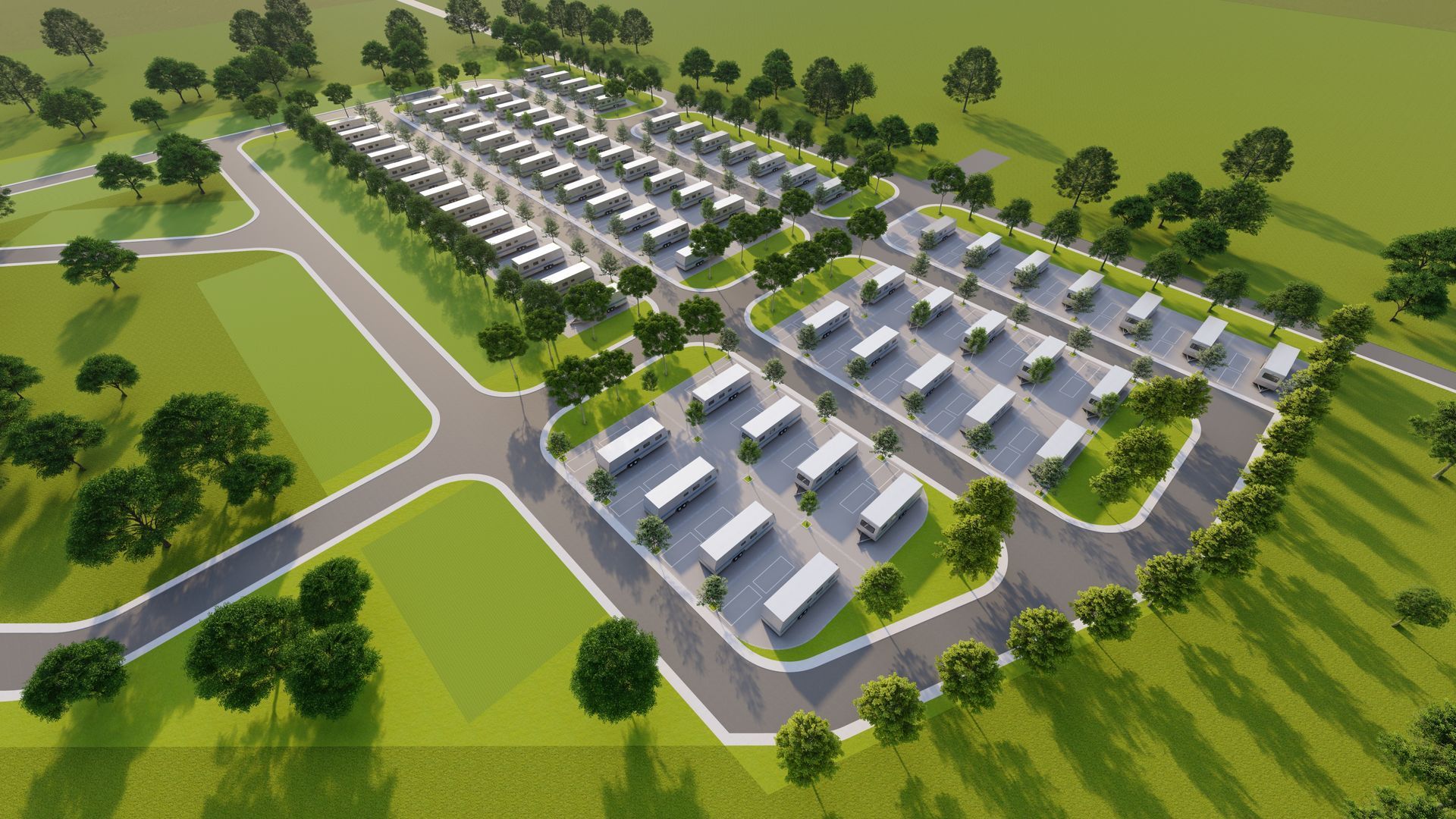Aerial view of a proposed trailer park with multiple rows of trailers, roads, and trees on a green grassy field.