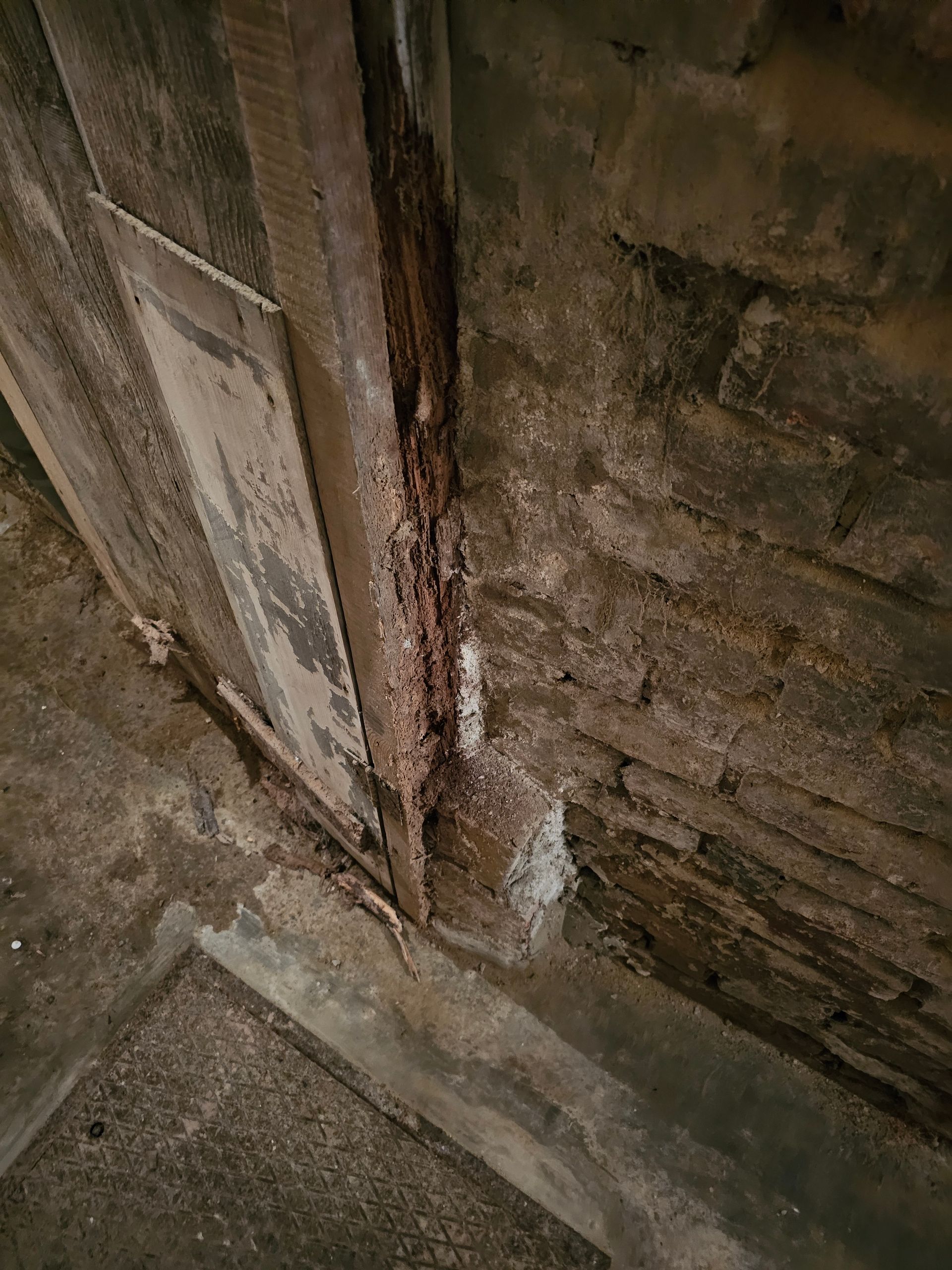 Nahaufnahme eines beschädigten Türrahmens aus Holz neben einer alten, rauen Ziegelmauer, die Anzeichen von Feuchtigkeit und Verfall aufweist.