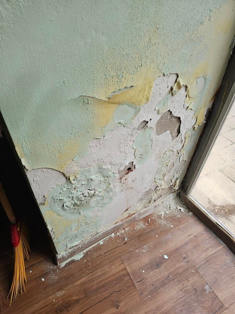 Eine Wandecke mit abblätternder, blasenbildender hellgrüner Farbe und gelben Wasserschäden in der Nähe eines Türrahmens.