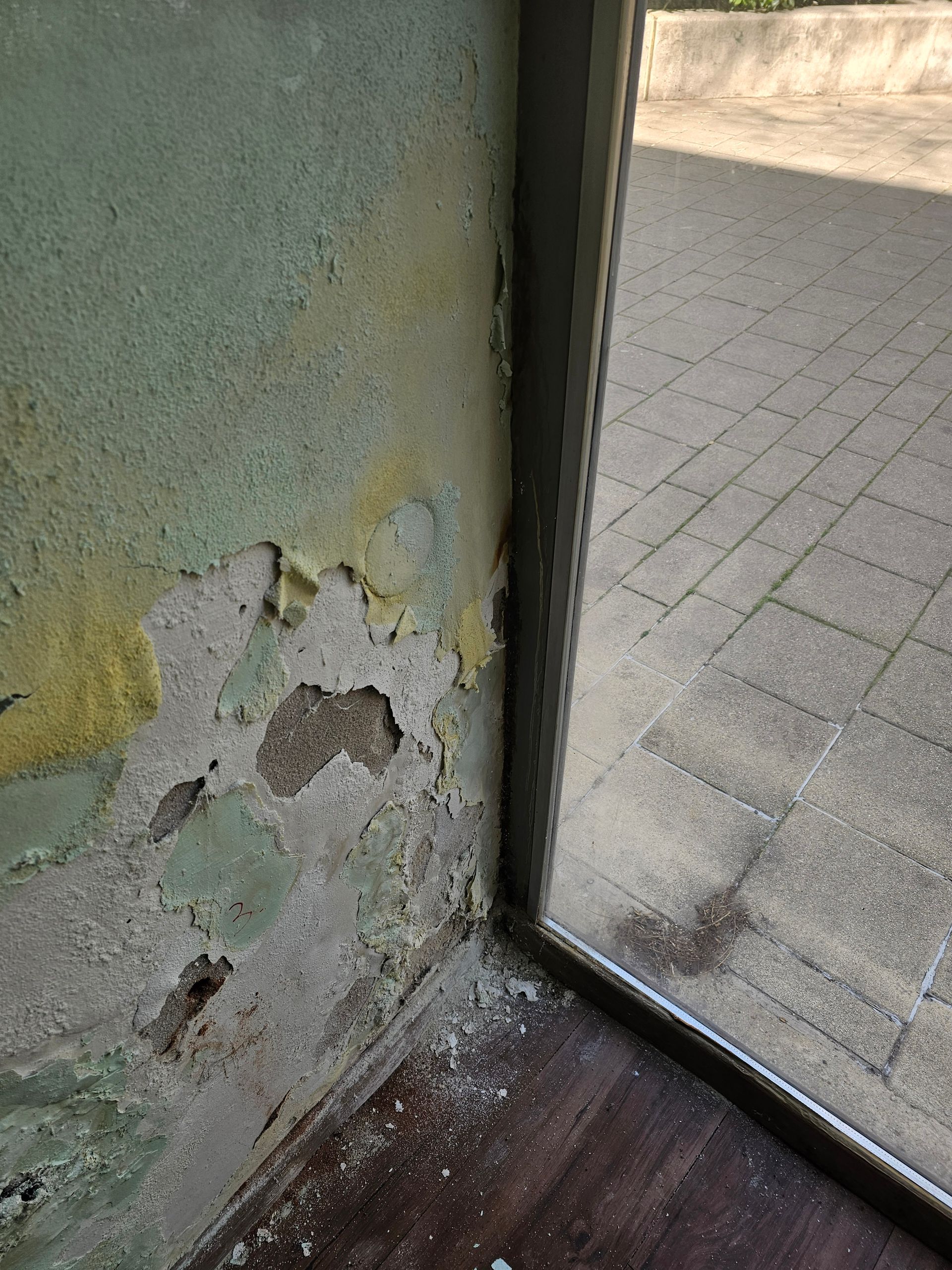 Beschädigter Putz und abblätternde grüne Farbe an einer Innenwandecke neben einer Glastür und einer Steinterrasse.