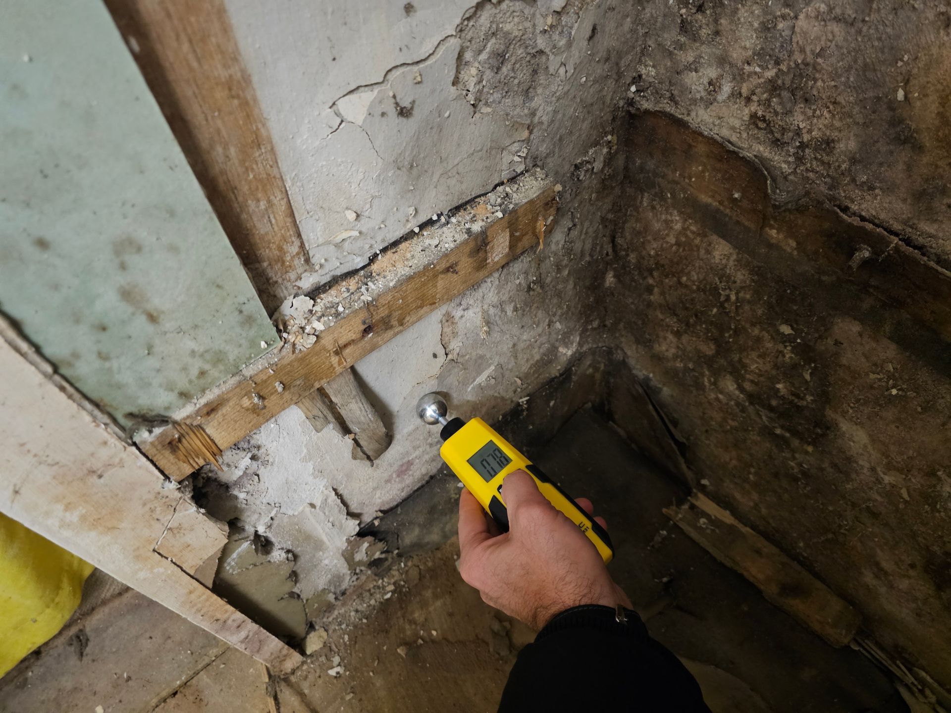 Eine Hand benutzt ein gelbes Feuchtigkeitsmessgerät, um eine feuchte, bröckelnde Wand in einer Zimmerecke zu testen.