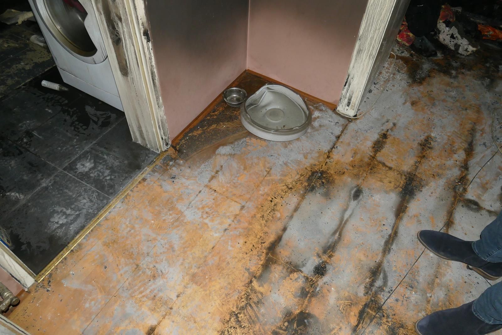 Beschädigte, verfärbte Holzdielen in einer Zimmerecke, neben einem schwarz gefliesten Bereich, einer Waschmaschine und einem Bodenablauf.