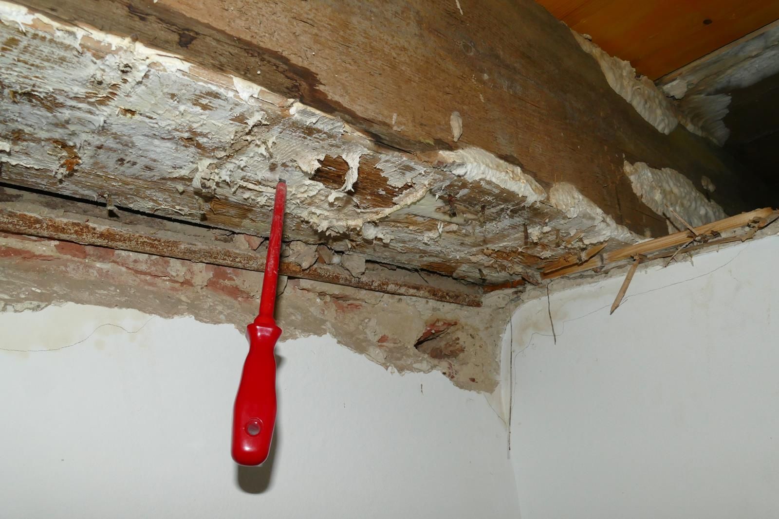 Ein roter Schraubenzieher hängt an einem brüchigen, beschädigten Holzbalken in einer Ecke über einer weißen Innenwand.