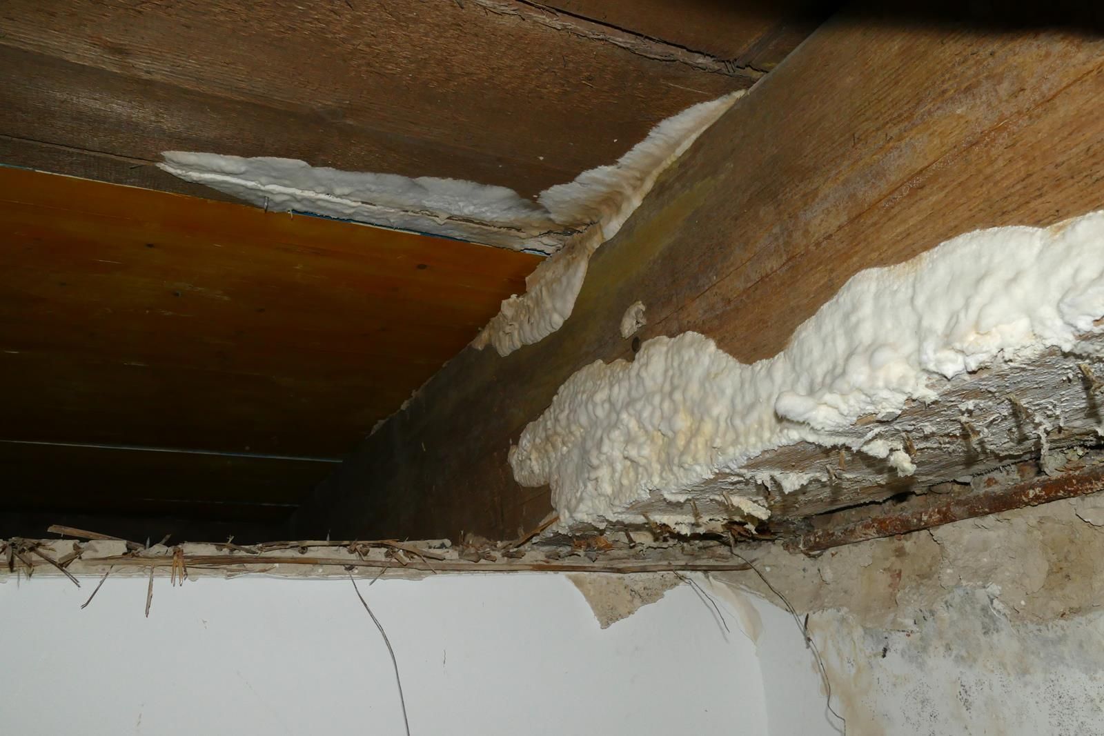 Mit expandierendem Spritzschaum werden die Lücken zwischen einem Holzbodenbalken und einer Betonwand in einem unfertigen Raum gefüllt.