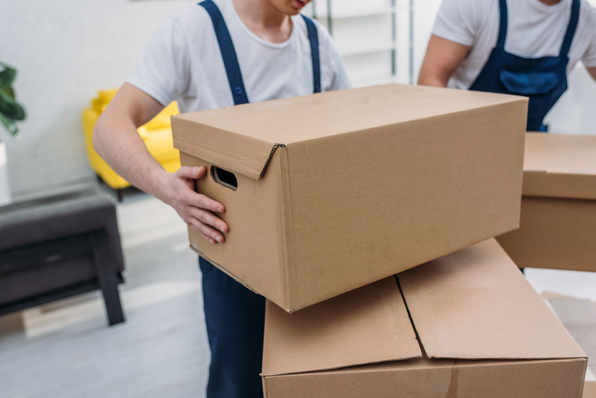 Two Movers in Blue Overalls Carrying Cardboard Boxes in a Room — Dan's Removals In Chowan Creek, NSW