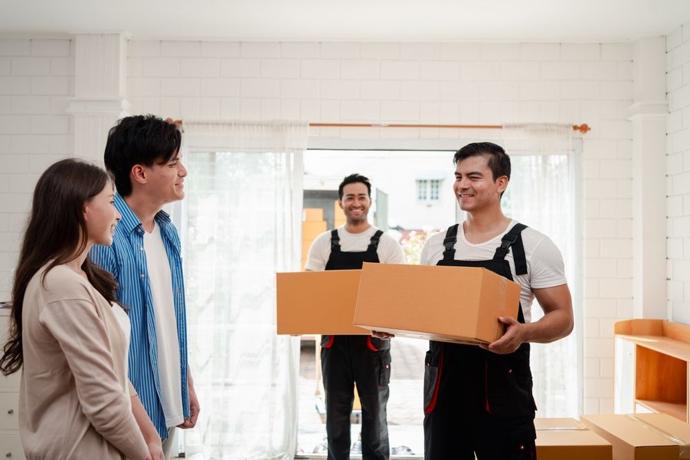 Couple Watching Movers Carrying Boxes Into New Home — Dan's Removals In Ballina, NSW