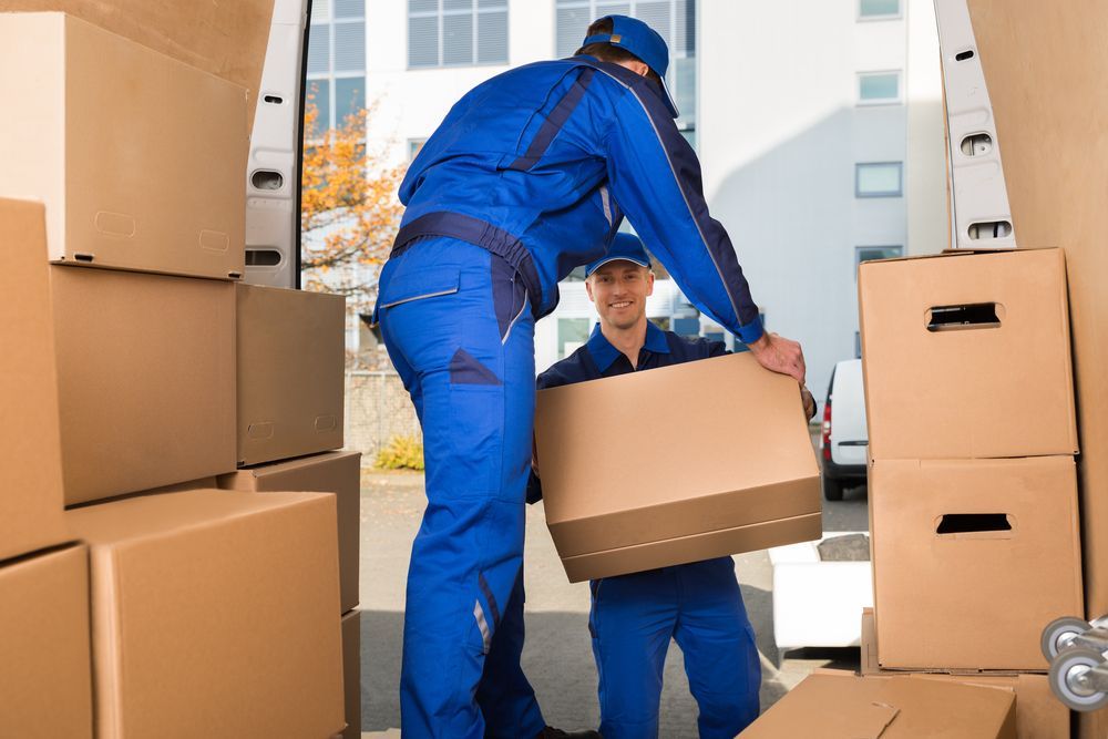 Two Movers in Blue Uniforms Loading Boxes Into a Van — Dan's Removals In Byron Bay, NSW