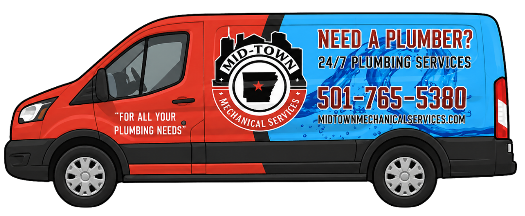 Red plumber van with blue ad reading “Need a Plumber?” and phone number 501-765-5380